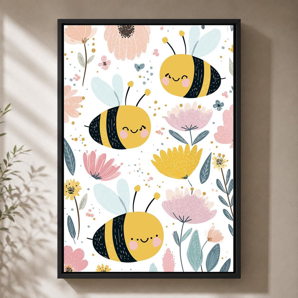 Bee Floral Framed Canvas Art, Whimsical Nursery Animal Print, Baby Room Decor by The Wall Art Studio - physical