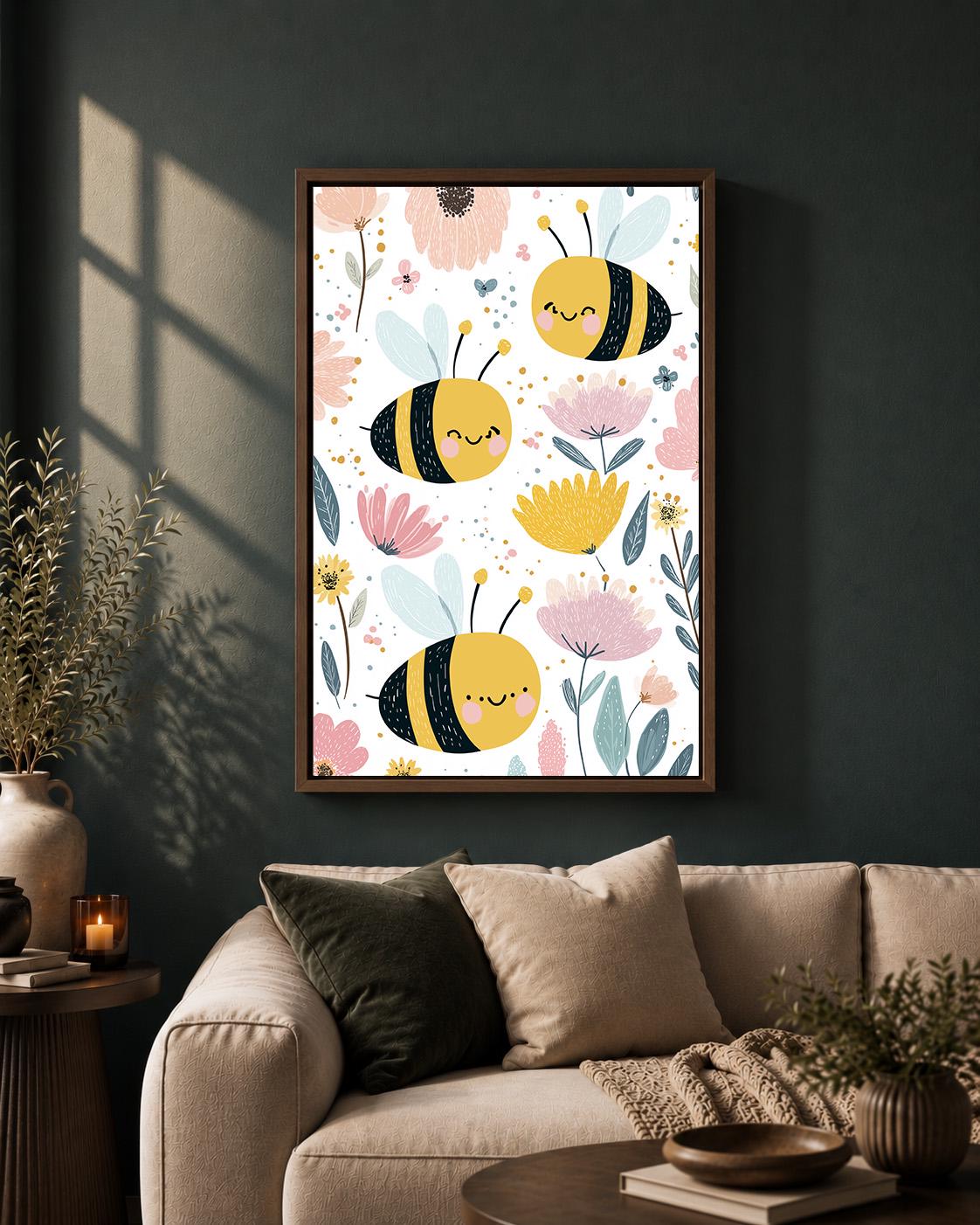 Bee Floral Framed Canvas Art, Whimsical Nursery Animal Print, Baby Room Decor by The Wall Art Studio - physical