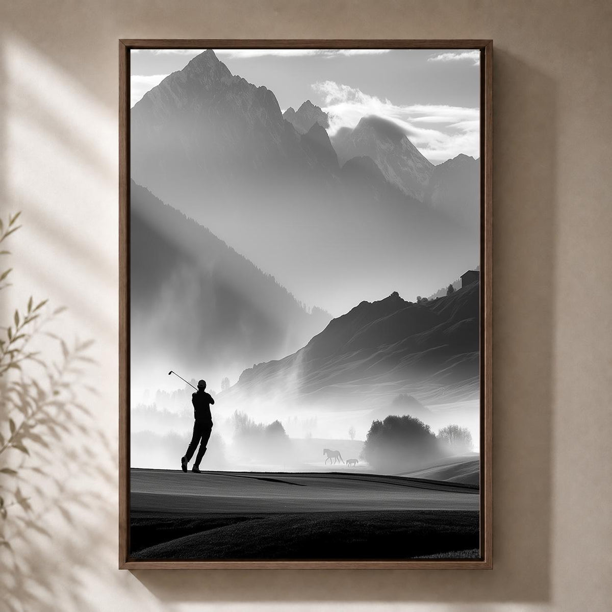 Black and White Golf Course Framed Canvas, Mountain Golfer Artwork, Minimalist Decor by The Wall Art Studio - physical