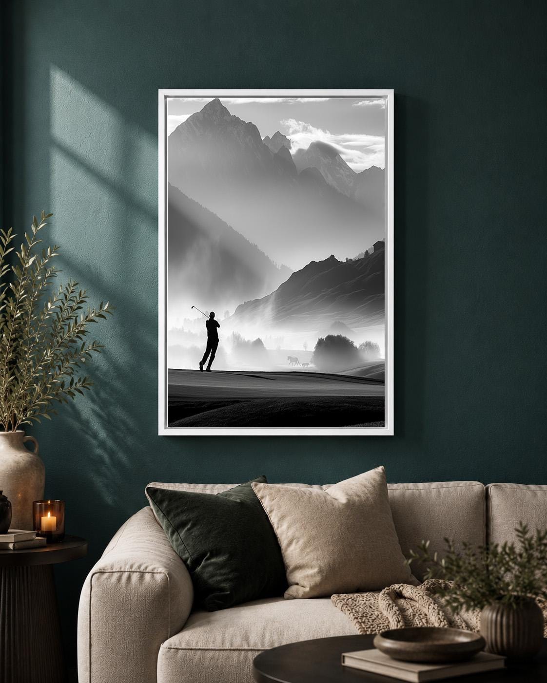 Black and White Golf Course Framed Canvas, Mountain Golfer Artwork, Minimalist Decor by The Wall Art Studio - physical