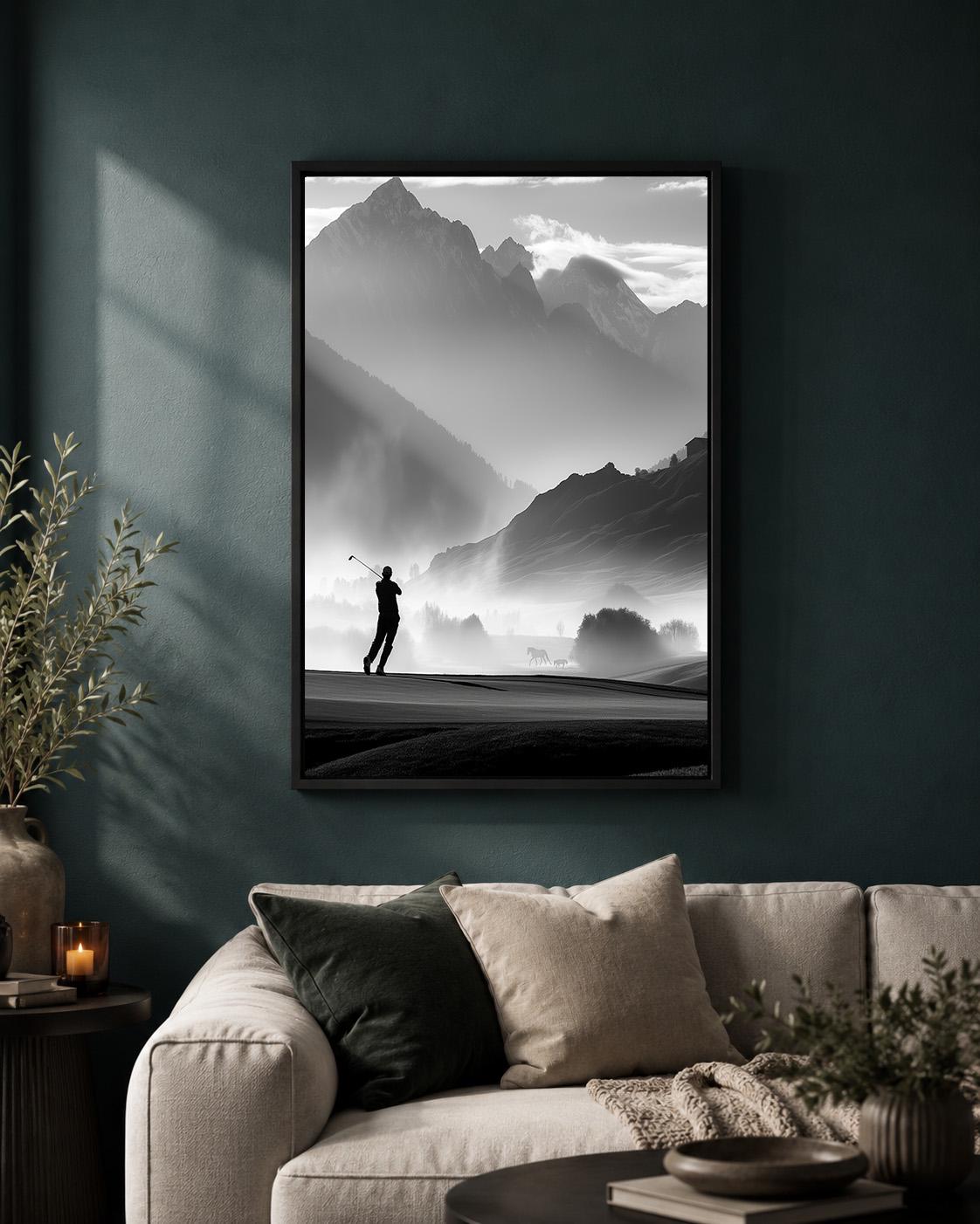 Black and White Golf Course Framed Canvas, Mountain Golfer Artwork, Minimalist Decor by The Wall Art Studio - physical