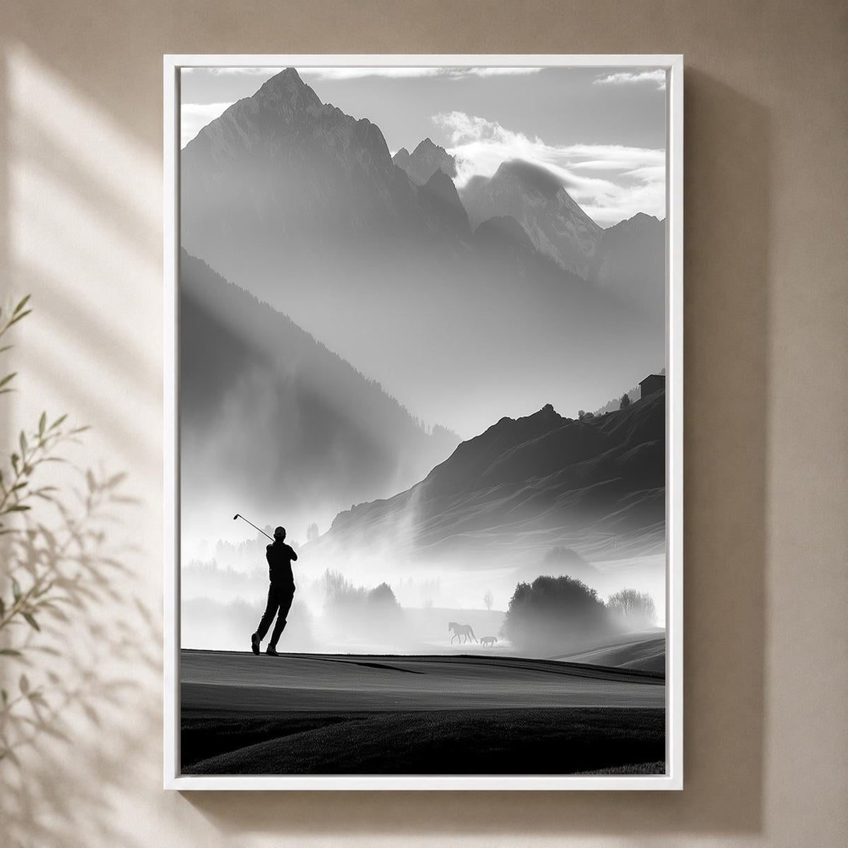 Black and White Golf Course Framed Canvas, Mountain Golfer Artwork, Minimalist Decor by The Wall Art Studio - physical