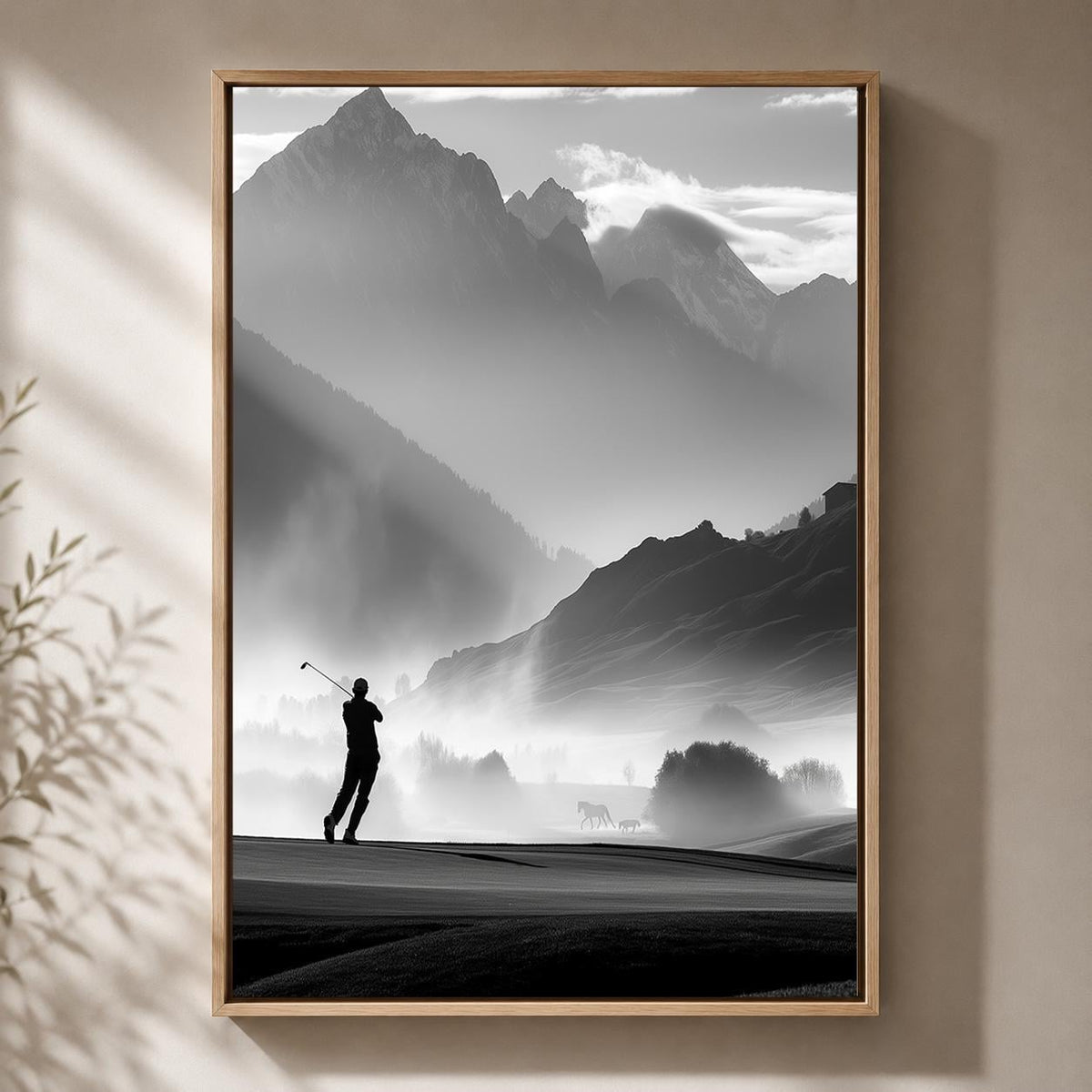 Black and White Golf Course Framed Canvas, Mountain Golfer Artwork, Minimalist Decor by The Wall Art Studio - physical