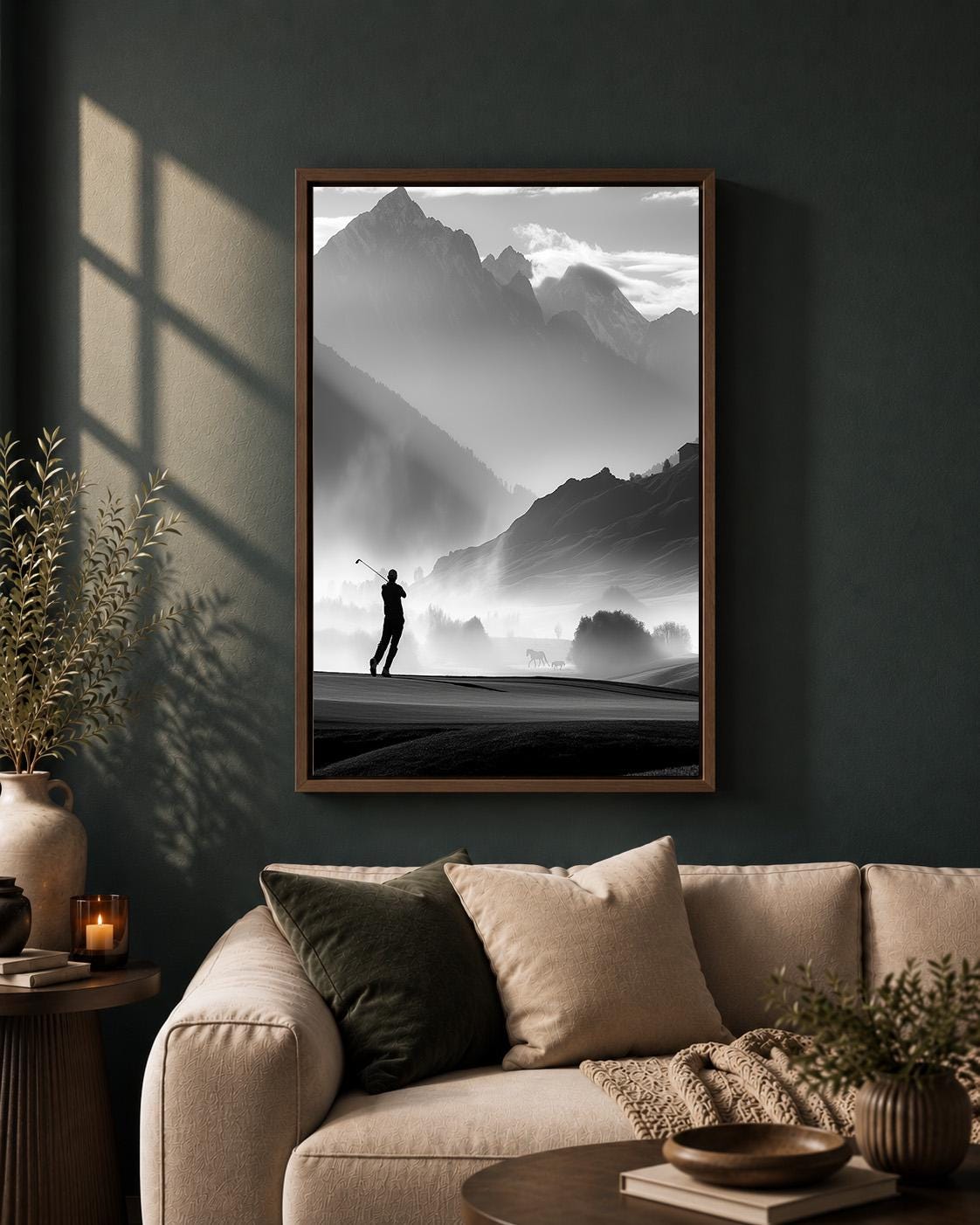 Black and White Golf Course Framed Canvas, Mountain Golfer Artwork, Minimalist Decor by The Wall Art Studio - physical