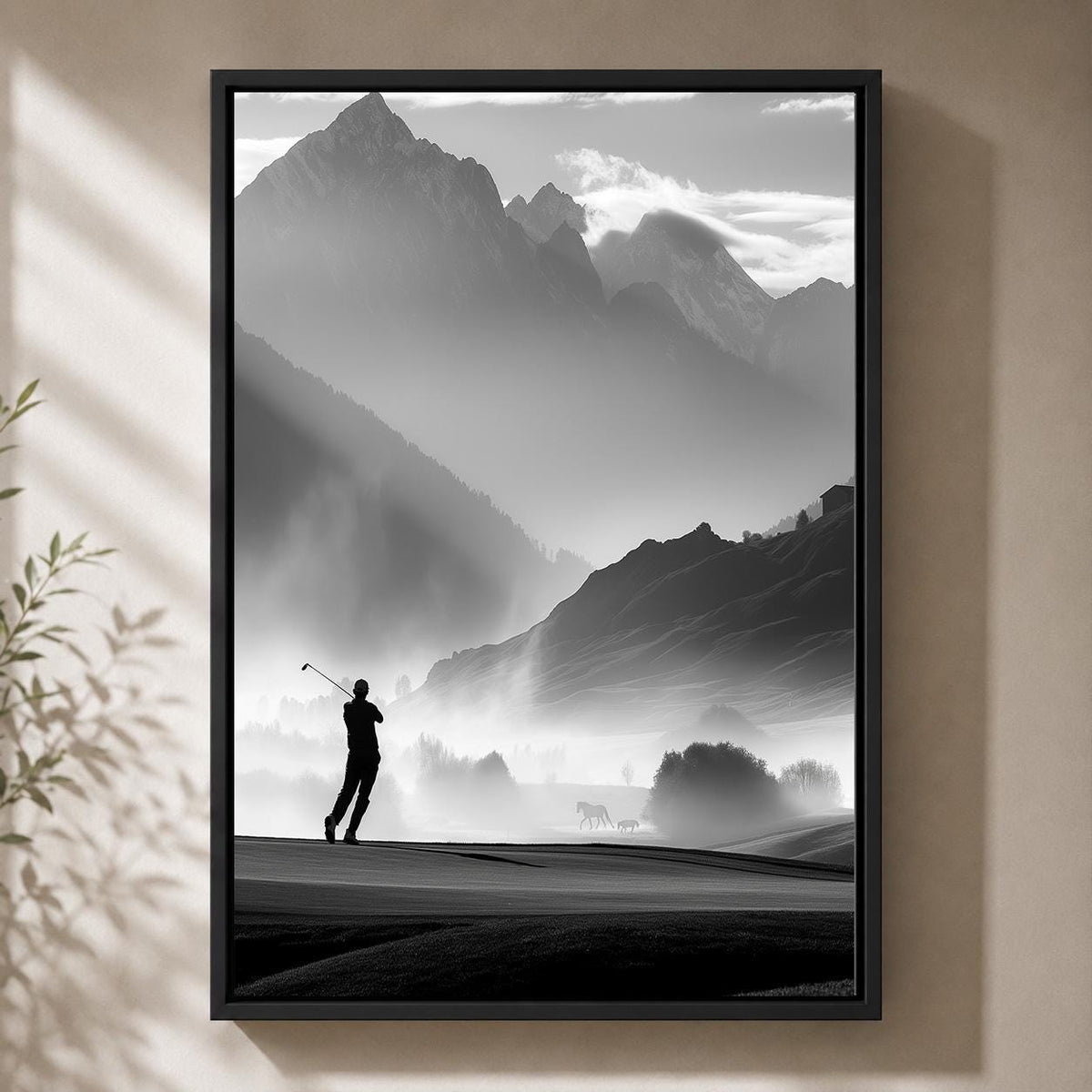 Black and White Golf Course Framed Canvas, Mountain Golfer Artwork, Minimalist Decor by The Wall Art Studio - physical
