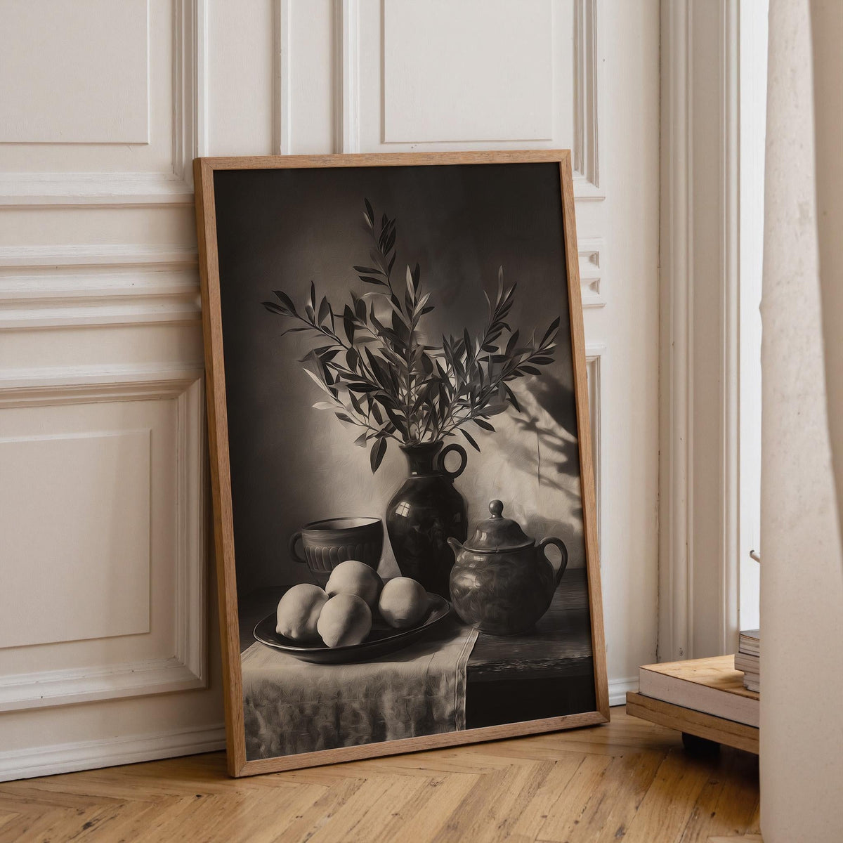Black and White Still Life Art Print • Lemons and Pottery Wall Art • Classic Vintage Style Décor • Monochrome Kitchen Artw...