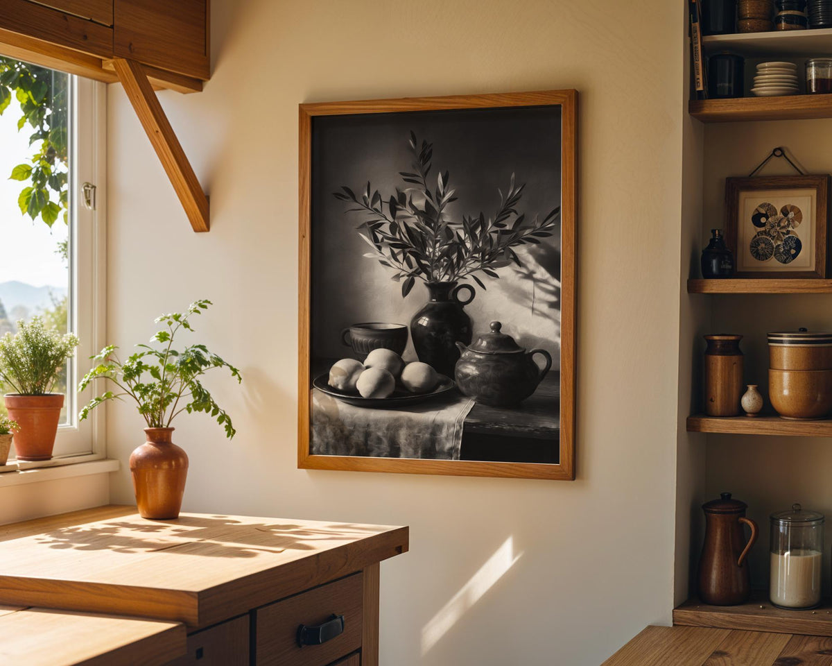 Black and White Still Life Art Print • Lemons and Pottery Wall Art • Classic Vintage Style Décor • Monochrome Kitchen Artw...