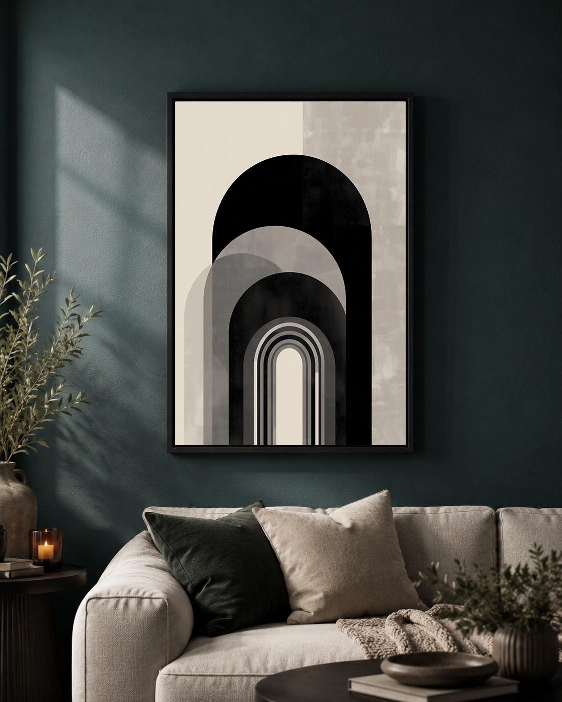 Black Beige Abstract Arch Wall Art, Minimalist Geometric Framed Canvas Print, Neutral Modern Boho Decor, Scandinavian Artw...