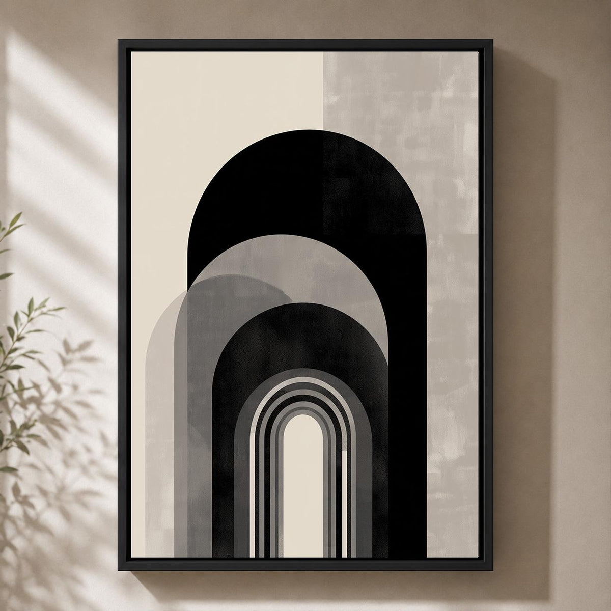 Black Beige Abstract Arch Wall Art, Minimalist Geometric Framed Canvas Print, Neutral Modern Boho Decor, Scandinavian Artw...