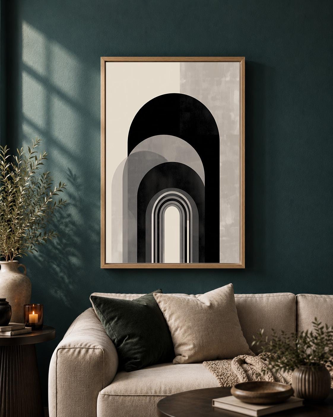 Black Beige Abstract Arch Wall Art, Minimalist Geometric Framed Canvas Print, Neutral Modern Boho Decor, Scandinavian Artw...