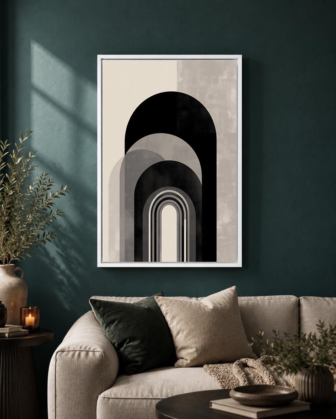 Black Beige Abstract Arch Wall Art, Minimalist Geometric Framed Canvas Print, Neutral Modern Boho Decor, Scandinavian Artw...