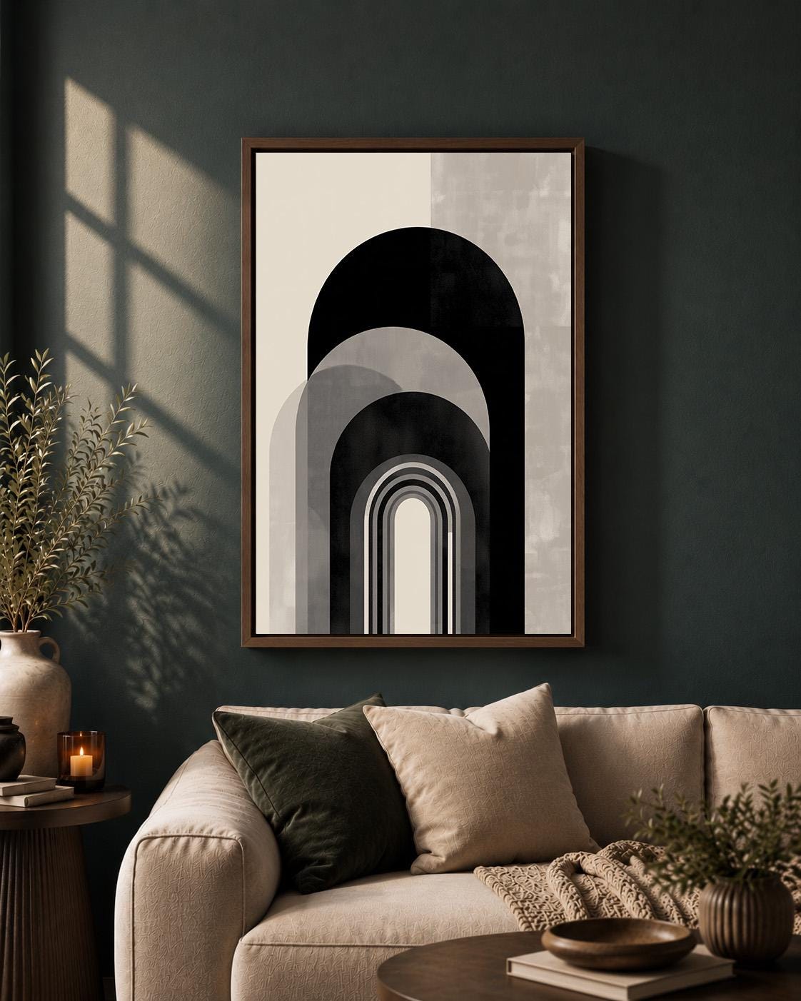 Black Beige Abstract Arch Wall Art, Minimalist Geometric Framed Canvas Print, Neutral Modern Boho Decor, Scandinavian Artw...