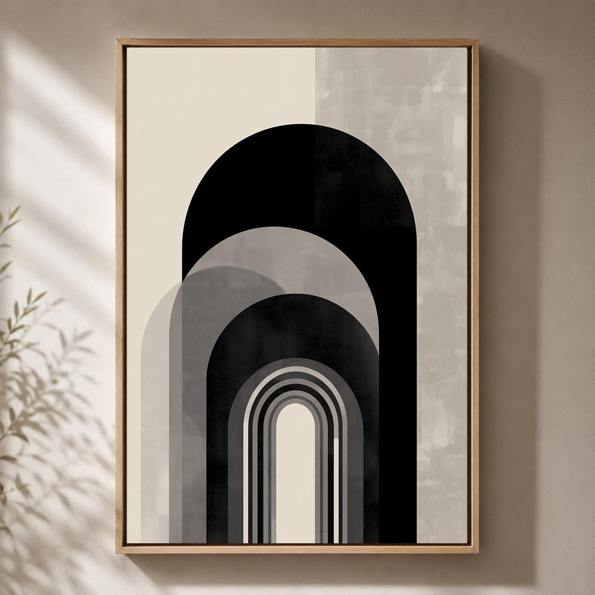 Black Beige Abstract Arch Wall Art, Minimalist Geometric Framed Canvas Print, Neutral Modern Boho Decor, Scandinavian Artw...