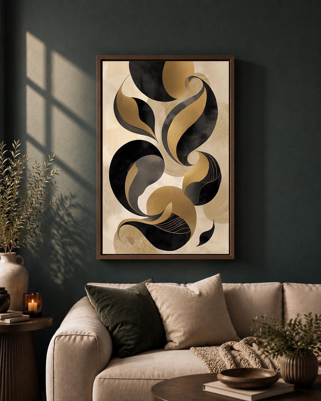 Black Gold Abstract Framed Canvas Print, Luxe Modern Geometric Wall Art by The Wall Art Studio - physical