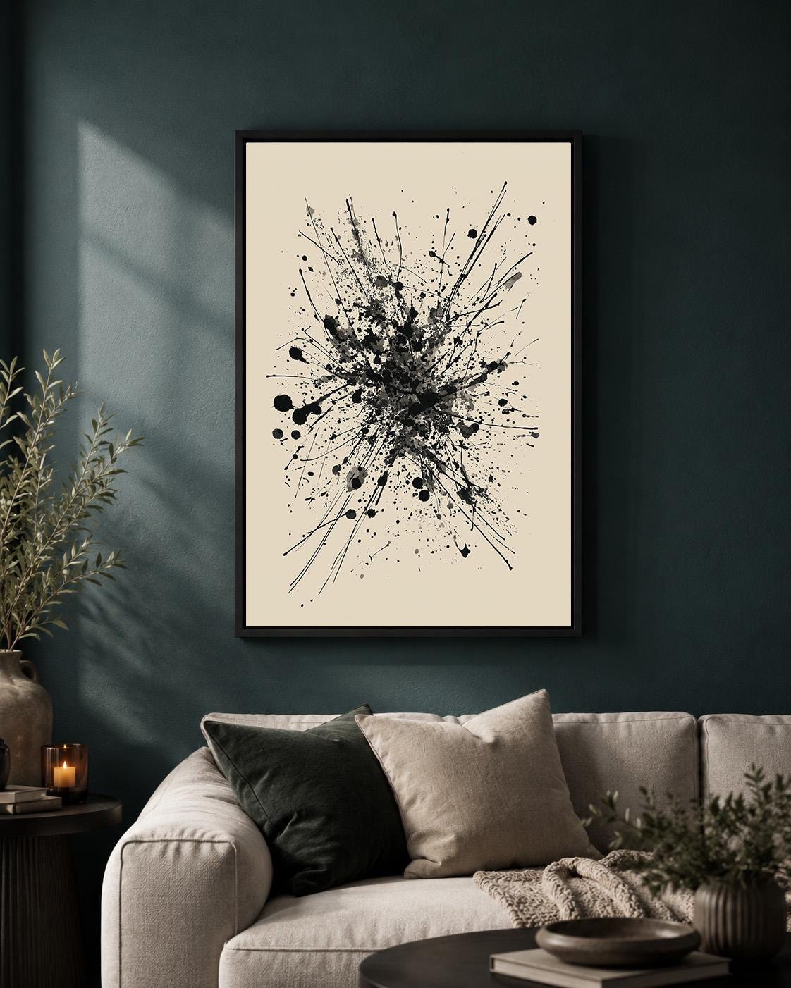 Black Ink Splatter Framed Canvas Print, Minimalist Monochrome Wall Art, Framed Splash Decor by The Wall Art Studio - physical