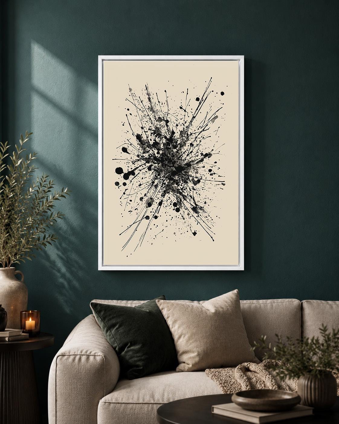 Black Ink Splatter Framed Canvas Print, Minimalist Monochrome Wall Art, Framed Splash Decor by The Wall Art Studio - physical