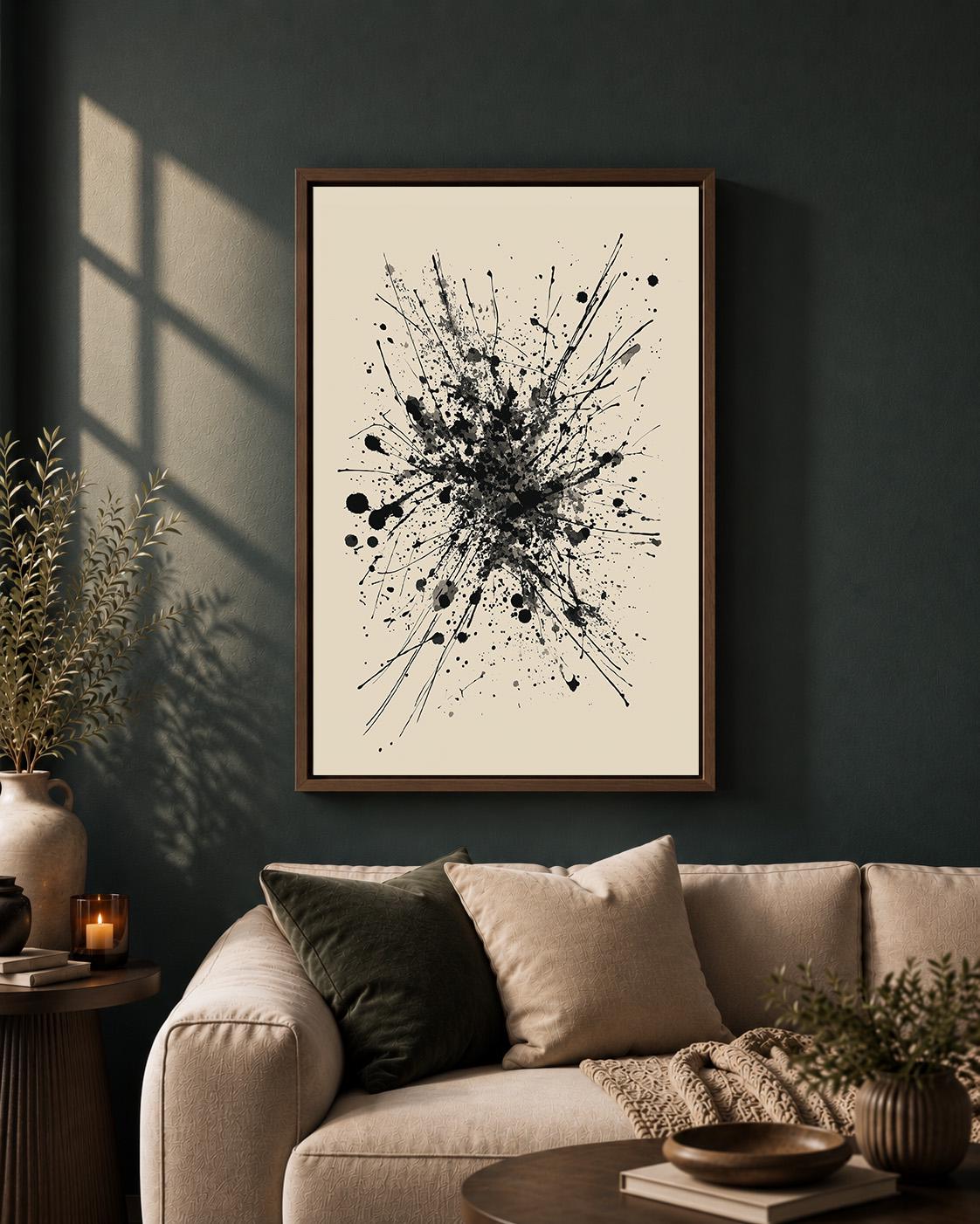 Black Ink Splatter Framed Canvas Print, Minimalist Monochrome Wall Art, Framed Splash Decor by The Wall Art Studio - physical