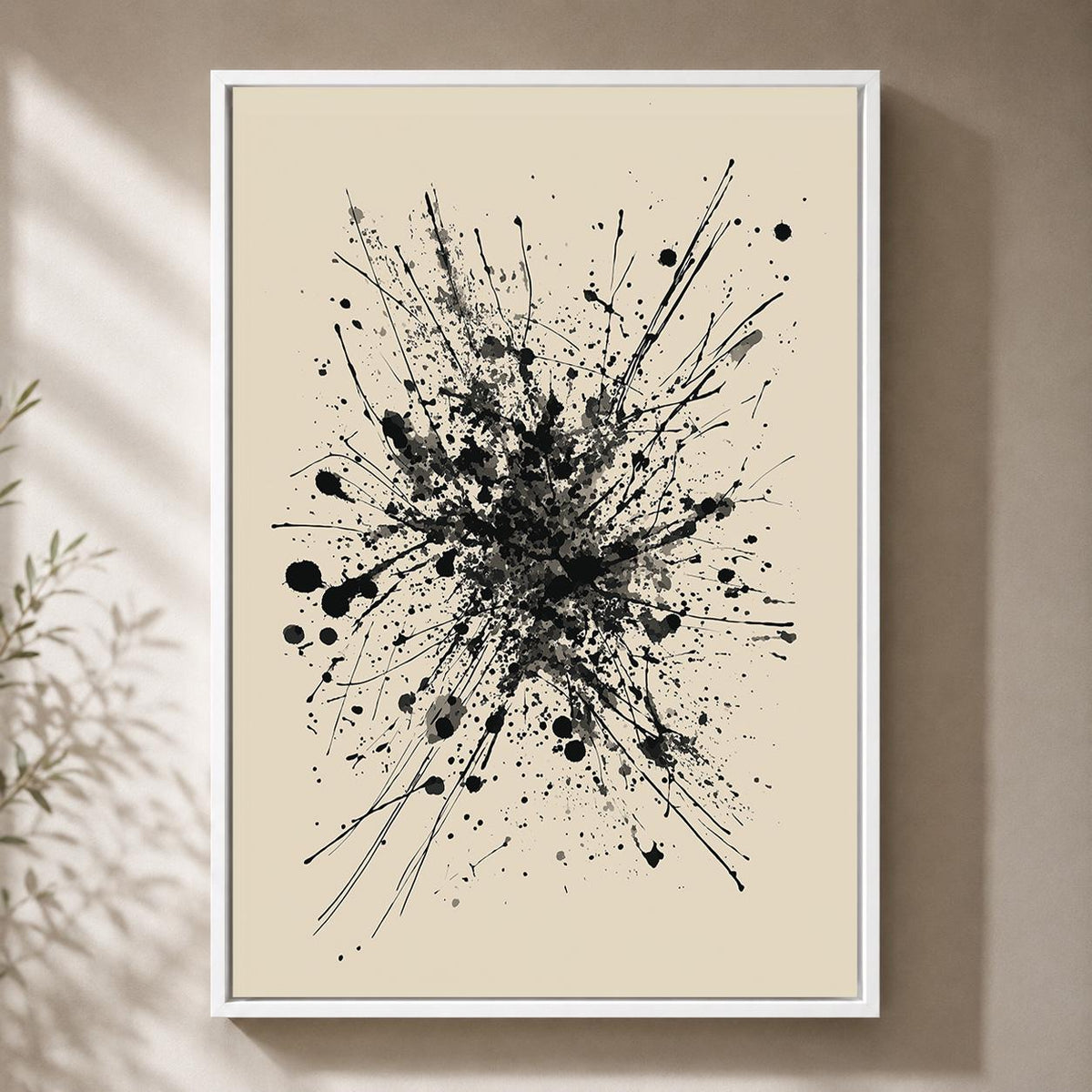 Black Ink Splatter Framed Canvas Print, Minimalist Monochrome Wall Art, Framed Splash Decor by The Wall Art Studio - physical