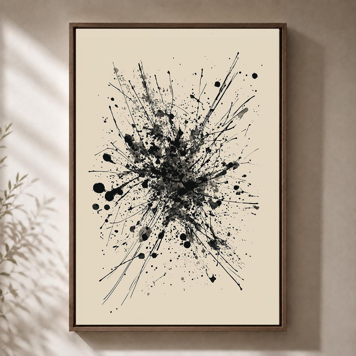 Black Ink Splatter Framed Canvas Print, Minimalist Monochrome Wall Art, Framed Splash Decor by The Wall Art Studio - physical