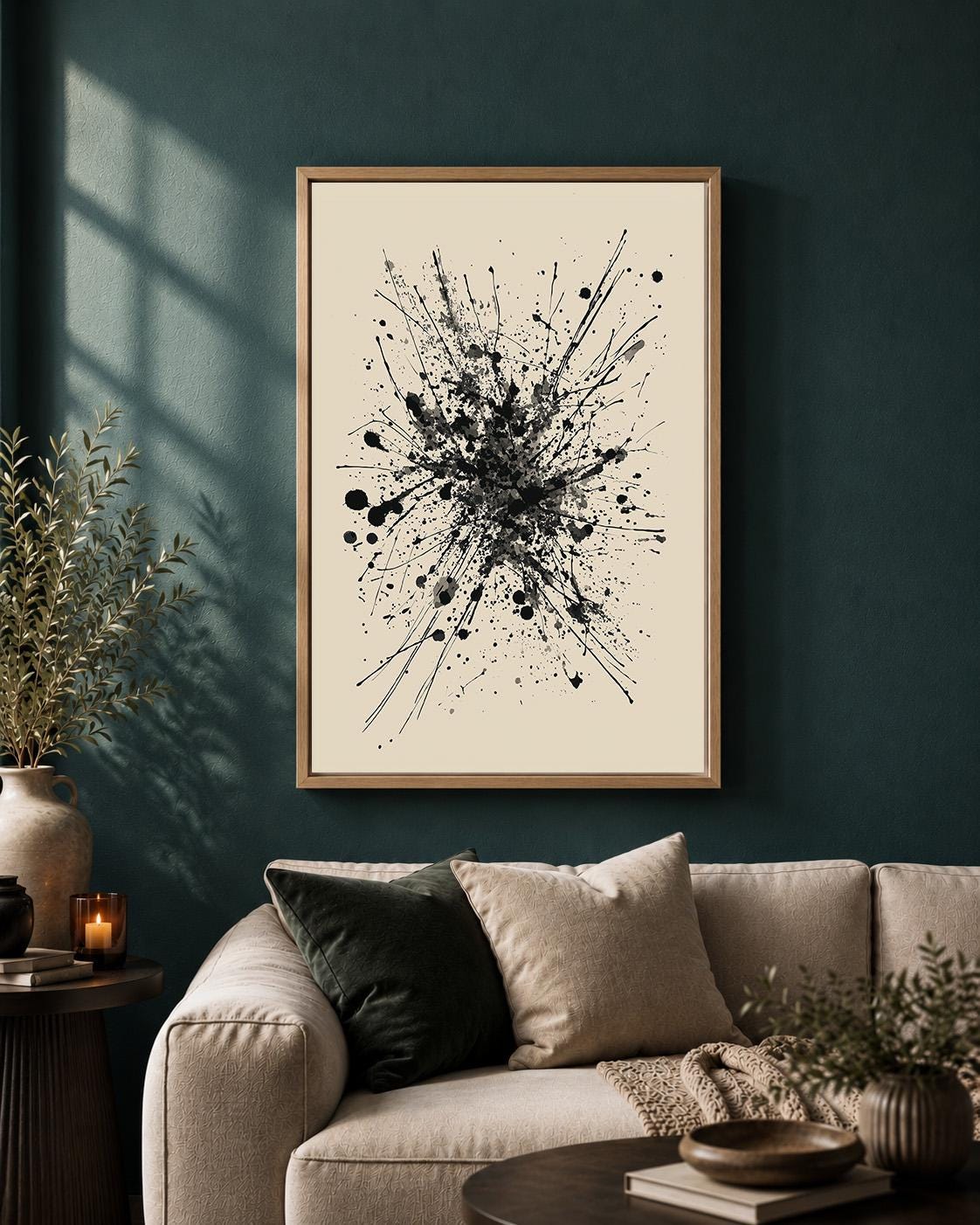 Black Ink Splatter Framed Canvas Print, Minimalist Monochrome Wall Art, Framed Splash Decor by The Wall Art Studio - physical