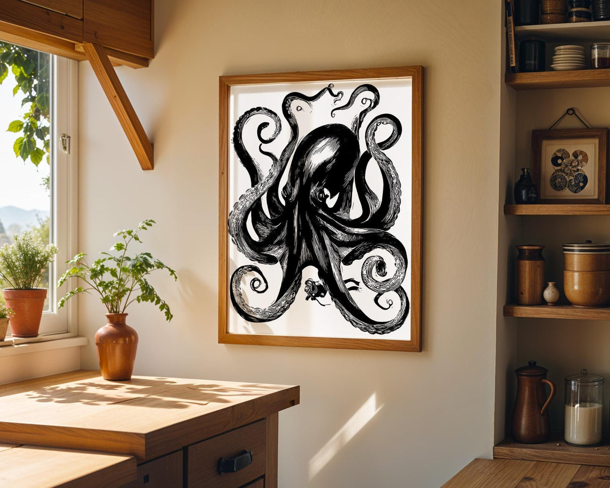 Black Octopus Vintage Sea Creature Print, Nautical Coastal Ocean Gothic Decor (Framed Option) by The Wall Art Studio - phy...