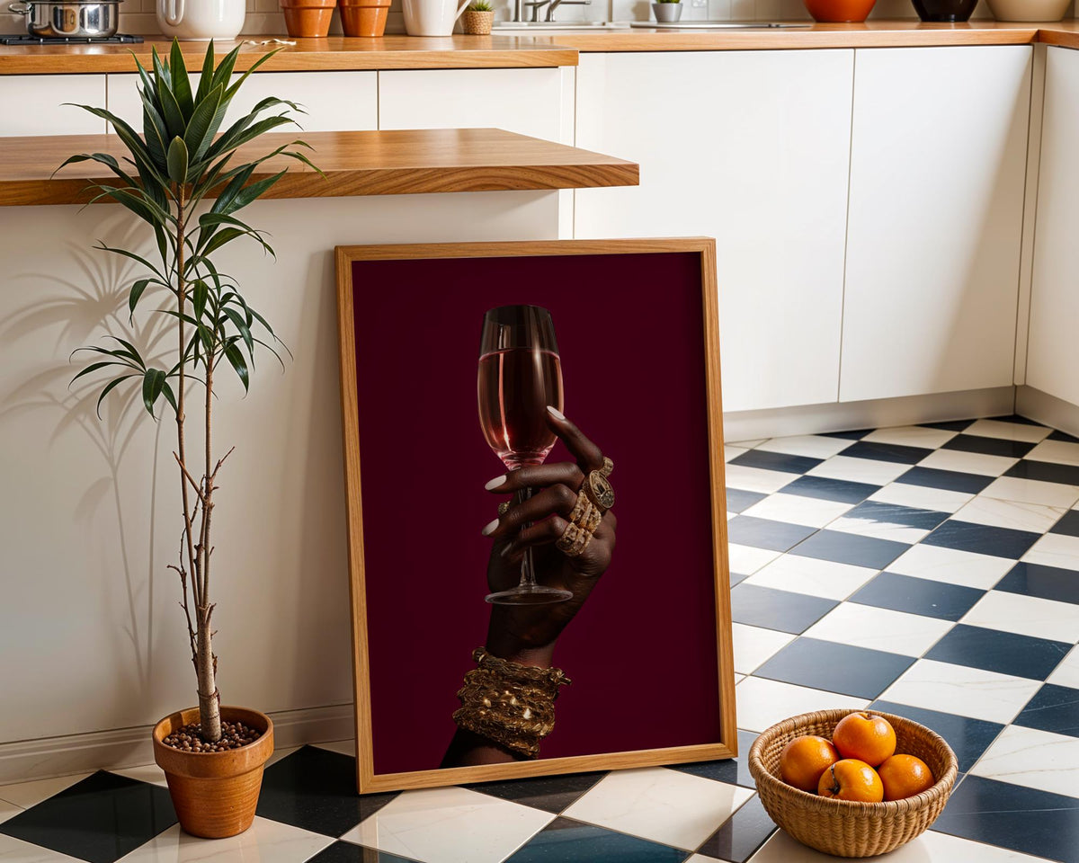 Black Power Wall Art – Luxury Afrocentric Still Life with Wine Glass & Gold Jewellery, Bold Black Excellence Décor by The...