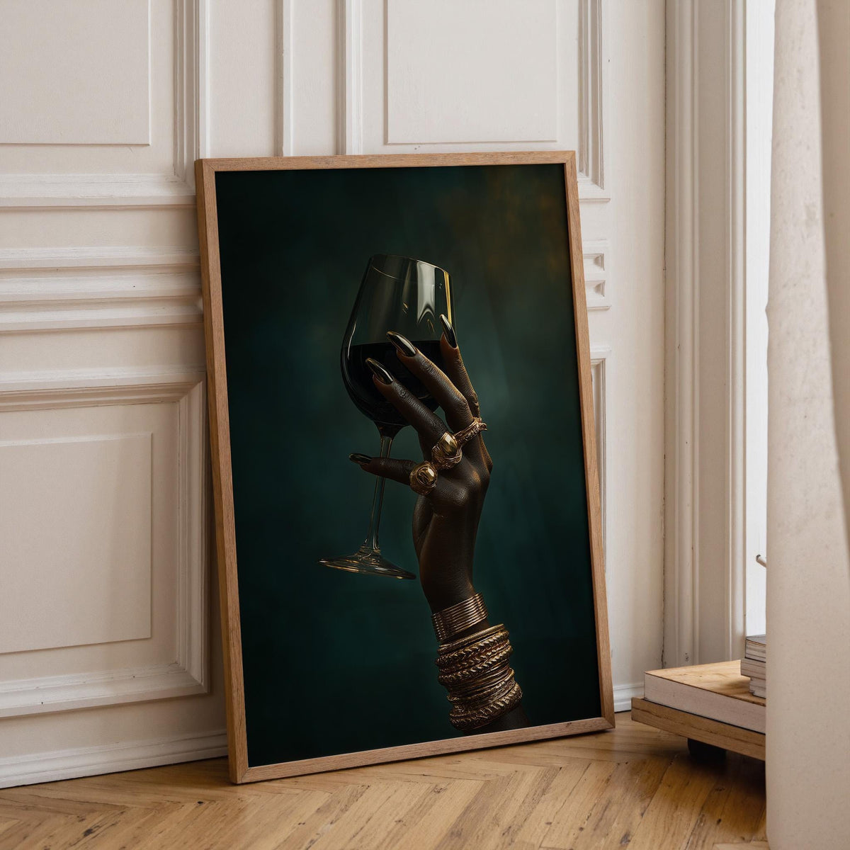 Black Power Wall Art – Luxury Afrocentric Still Life with Wine Glass & Gold Jewellery, Bold Black Excellence Décor by The...