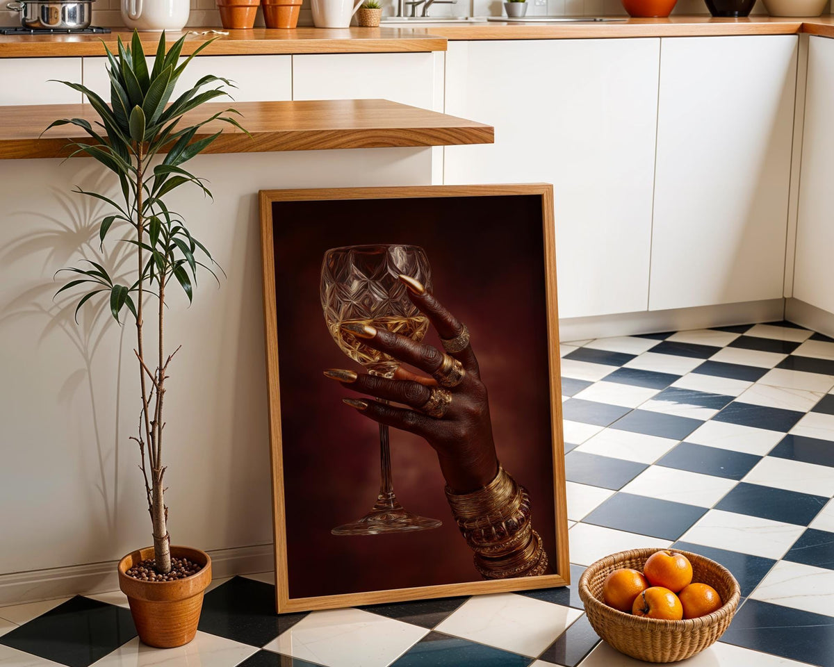 Black Power Wall Art – Luxury Afrocentric Still Life with Wine Glass & Gold Jewellery, Bold Black Excellence Décor by The...