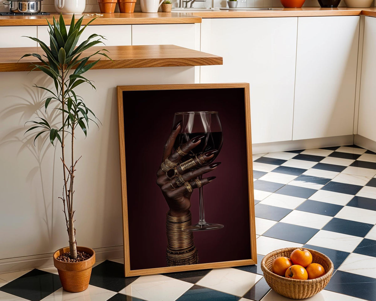 Black Power Wall Art – Luxury Afrocentric Still Life with Wine Glass & Gold Jewellery, Bold Black Excellence Décor by The...