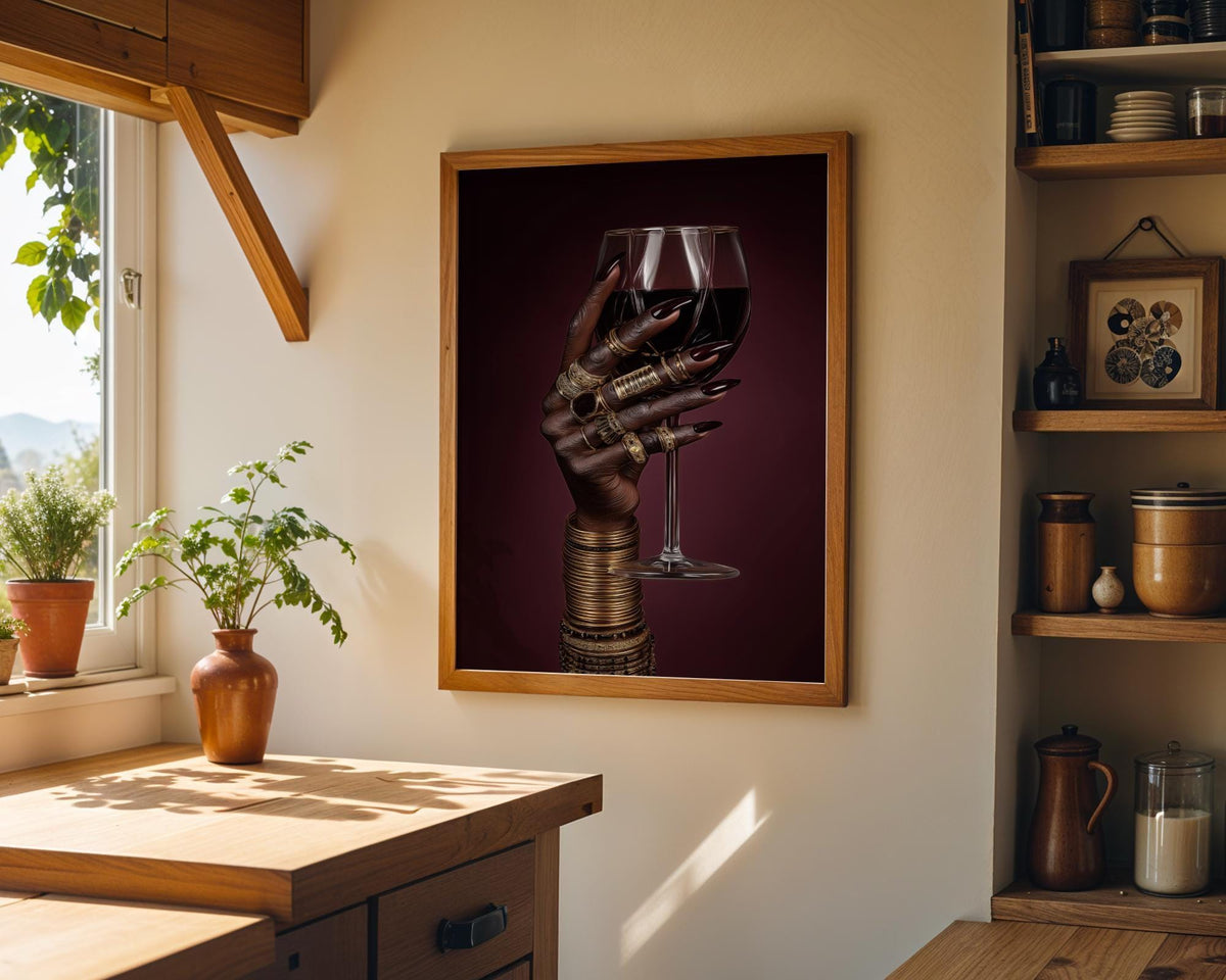 Black Power Wall Art – Luxury Afrocentric Still Life with Wine Glass & Gold Jewellery, Bold Black Excellence Décor by The...