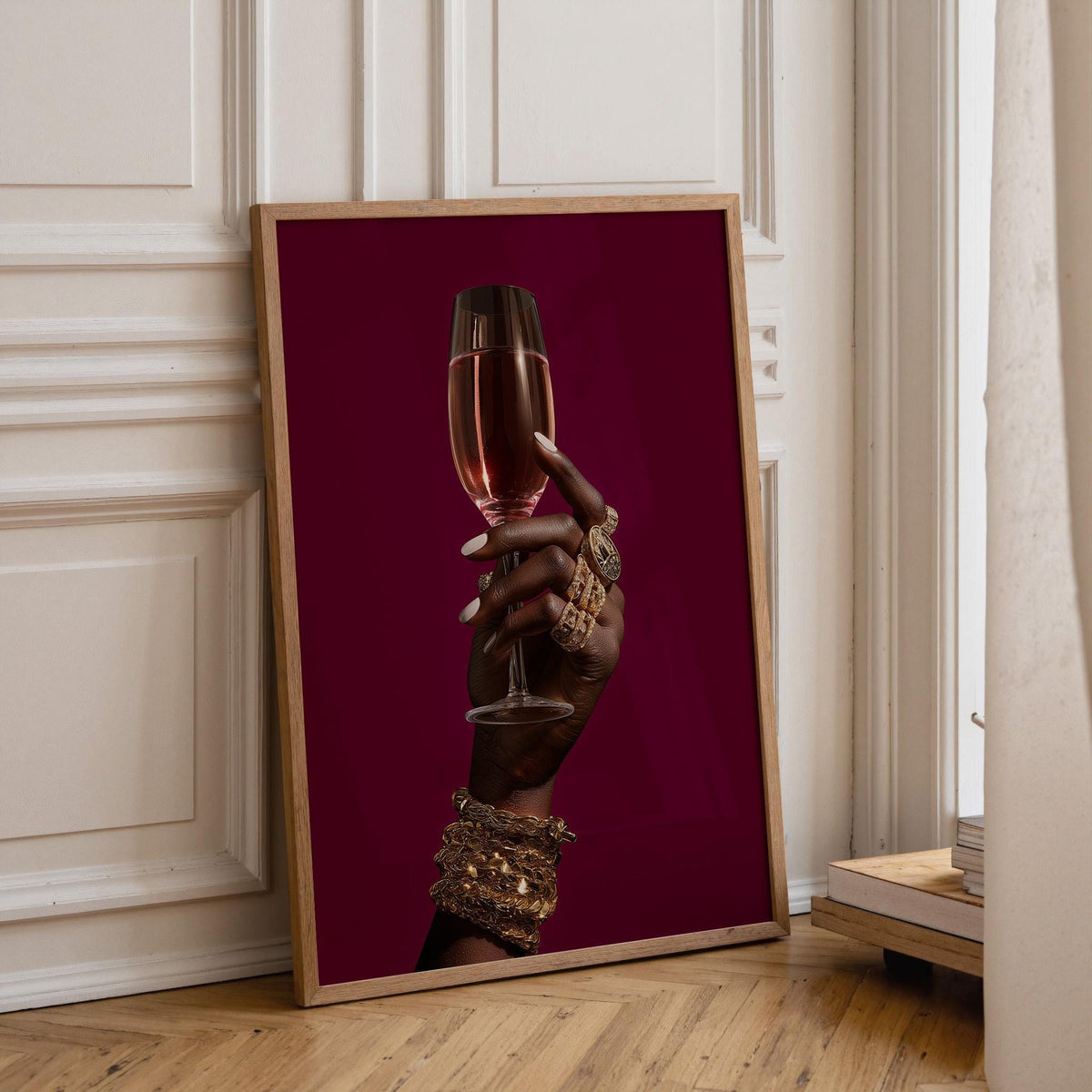 Black Power Wall Art – Luxury Afrocentric Still Life with Wine Glass & Gold Jewellery, Bold Black Excellence Décor by The...