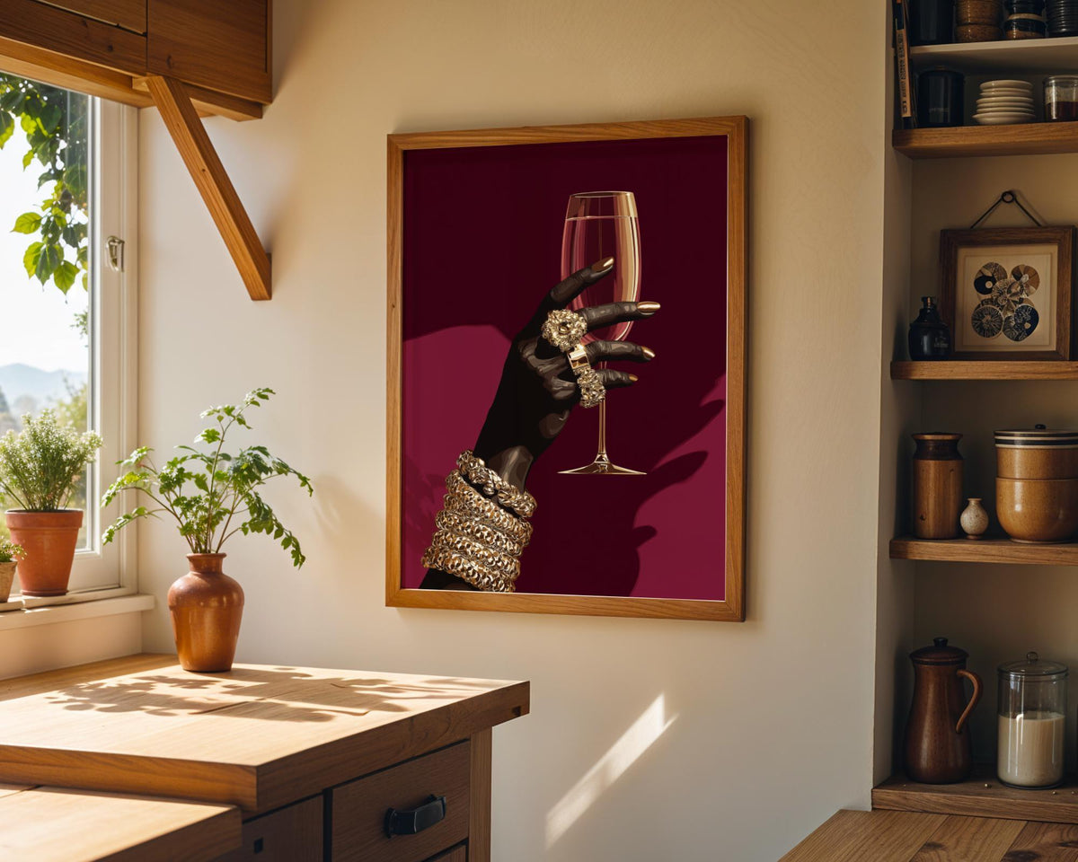 Black Power Wall Art – Luxury Afrocentric Still Life with Wine Glass & Gold Jewellery, Bold Black Excellence Décor by The...