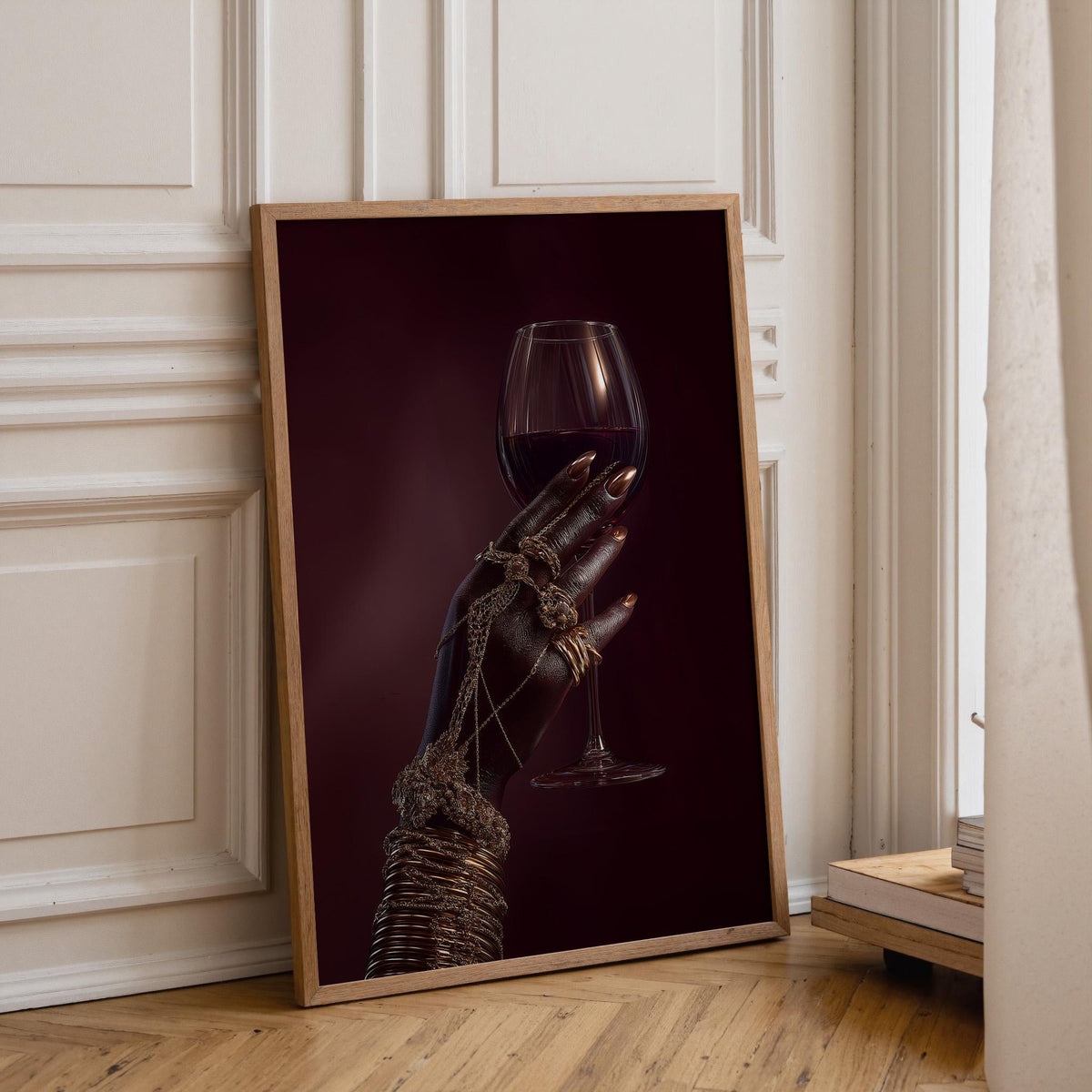 Black Power Wall Art – Luxury Afrocentric Still Life with Wine Glass & Gold Jewellery, Bold Black Excellence Décor by The...