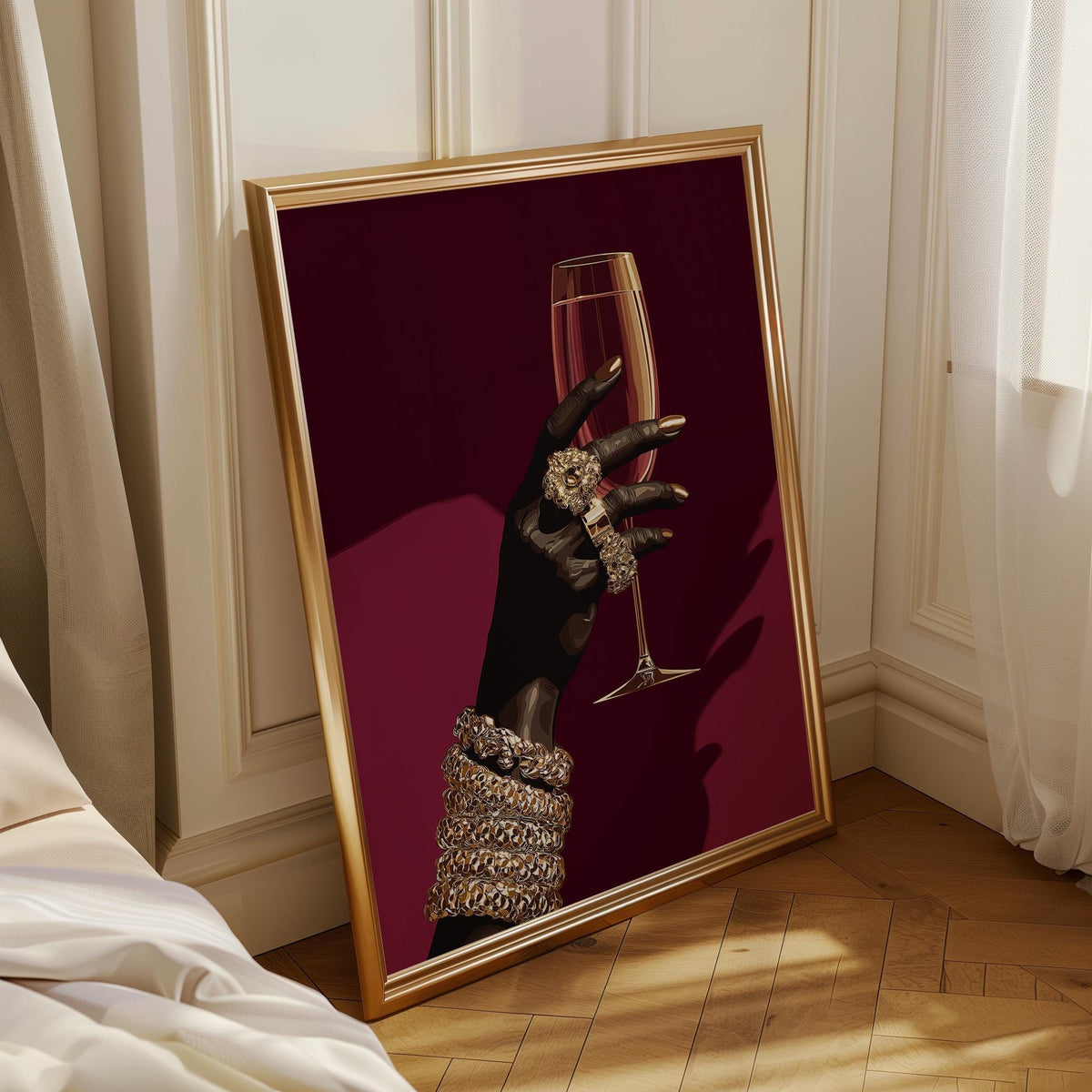 Black Power Wall Art – Luxury Afrocentric Still Life with Wine Glass & Gold Jewellery, Bold Black Excellence Décor by The...
