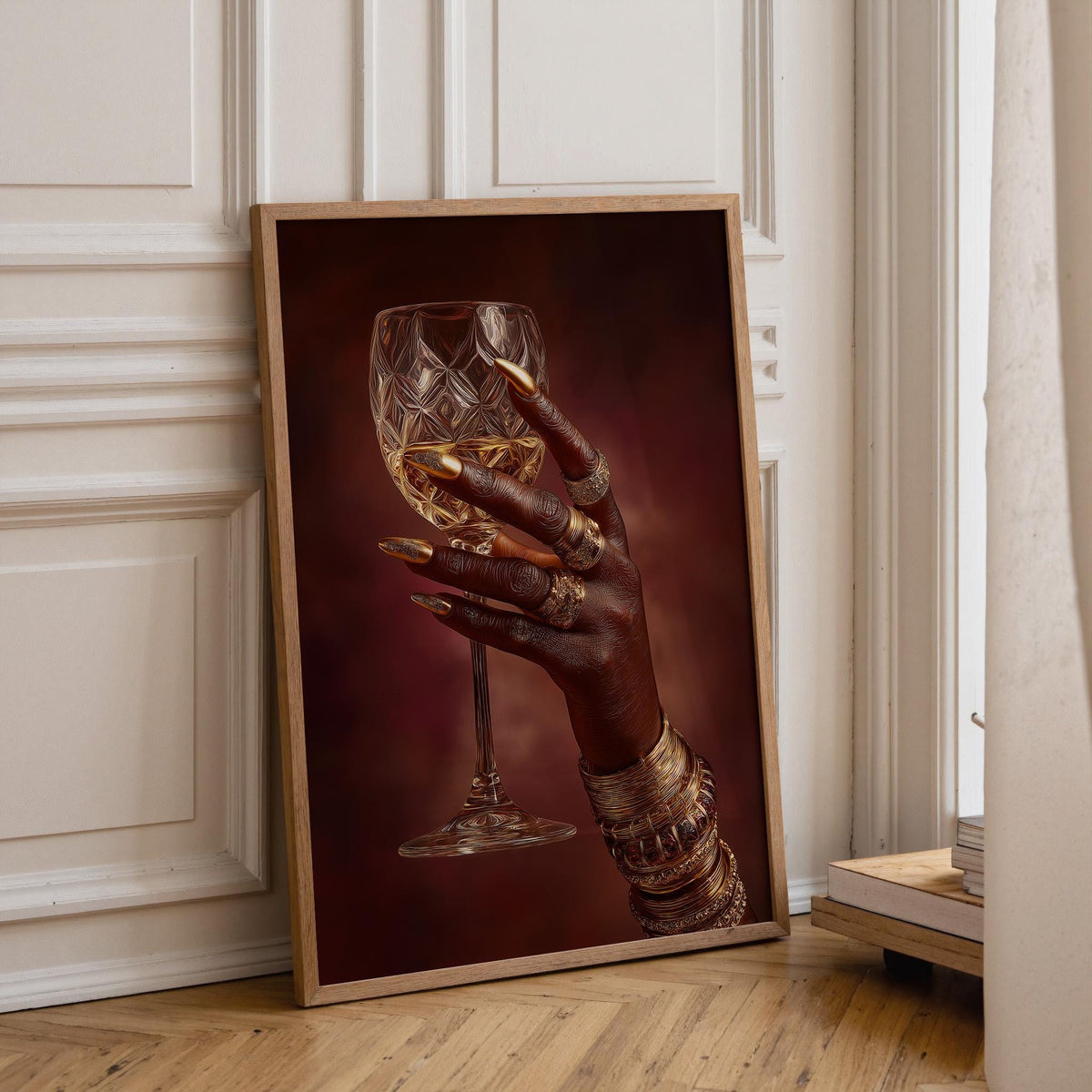 Black Power Wall Art – Luxury Afrocentric Still Life with Wine Glass & Gold Jewellery, Bold Black Excellence Décor by The...