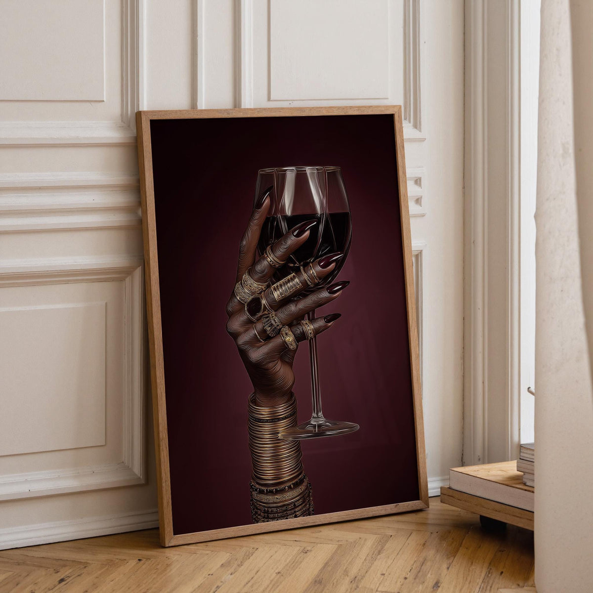 Black Power Wall Art – Luxury Afrocentric Still Life with Wine Glass & Gold Jewellery, Bold Black Excellence Décor by The...