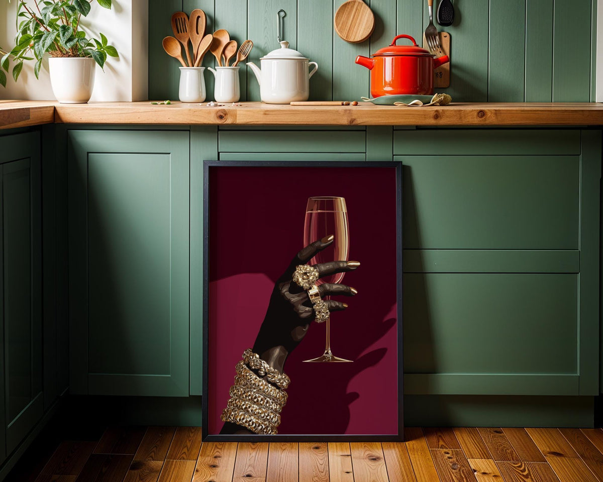 Black Power Wall Art – Luxury Afrocentric Still Life with Wine Glass & Gold Jewellery, Bold Black Excellence Décor by The...