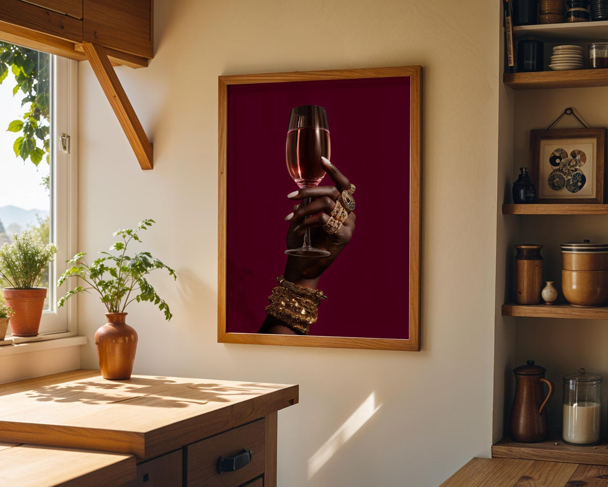 Black Power Wall Art – Luxury Afrocentric Still Life with Wine Glass & Gold Jewellery, Bold Black Excellence Décor by The...