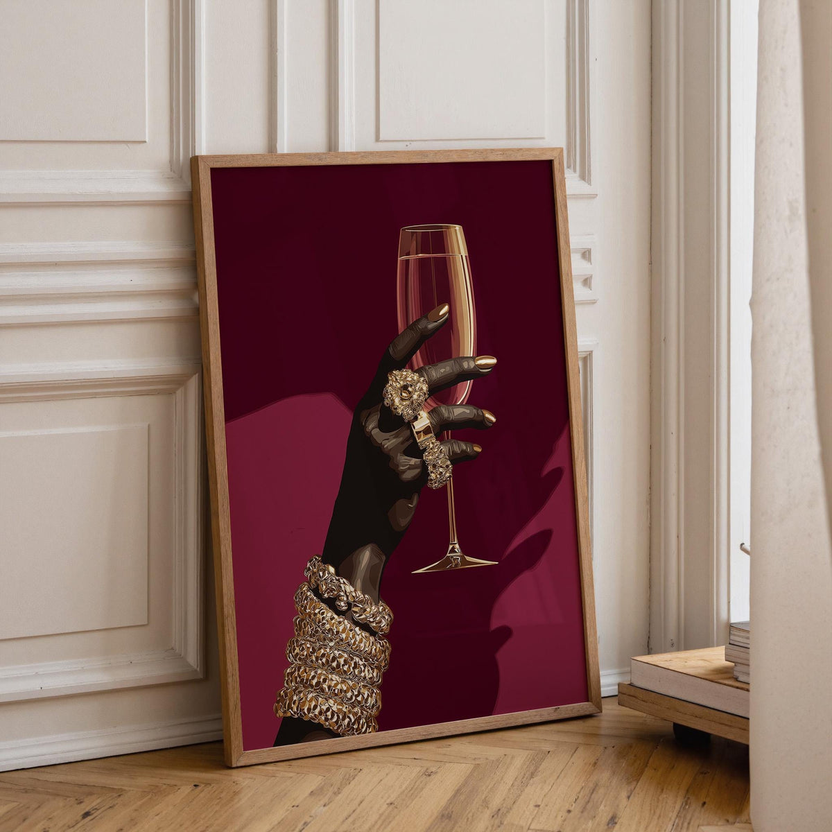 Black Power Wall Art – Luxury Afrocentric Still Life with Wine Glass & Gold Jewellery, Bold Black Excellence Décor by The...