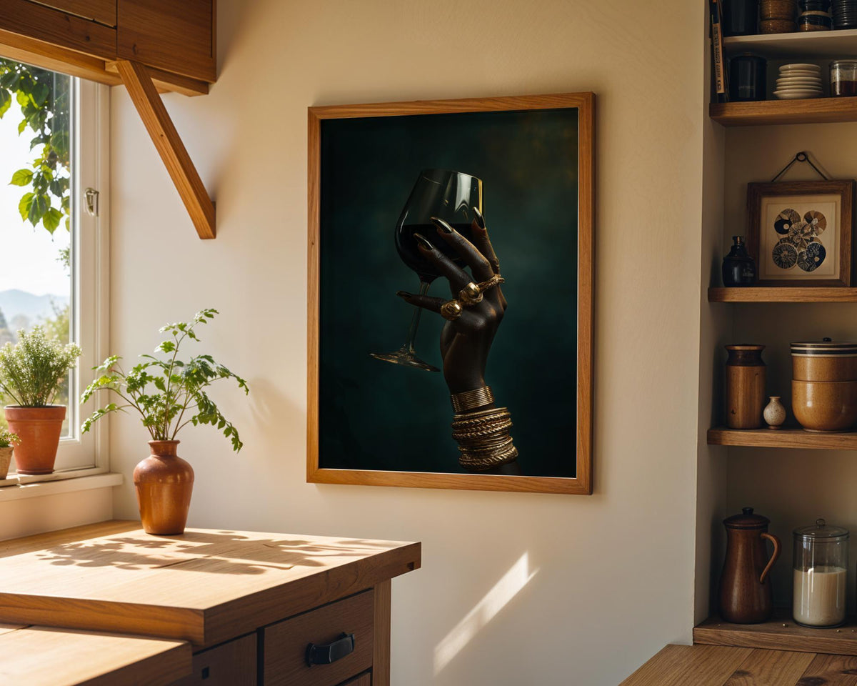 Black Power Wall Art – Luxury Afrocentric Still Life with Wine Glass & Gold Jewellery, Bold Black Excellence Décor by The...