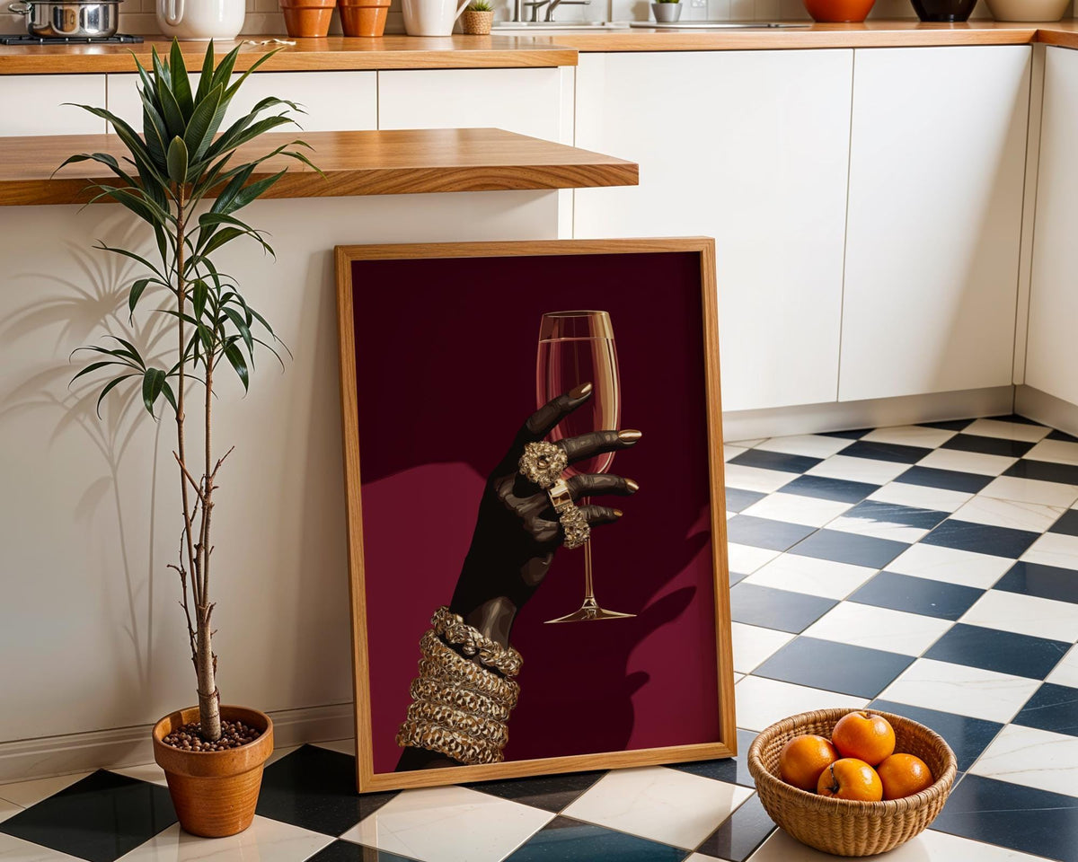 Black Power Wall Art – Luxury Afrocentric Still Life with Wine Glass & Gold Jewellery, Bold Black Excellence Décor by The...