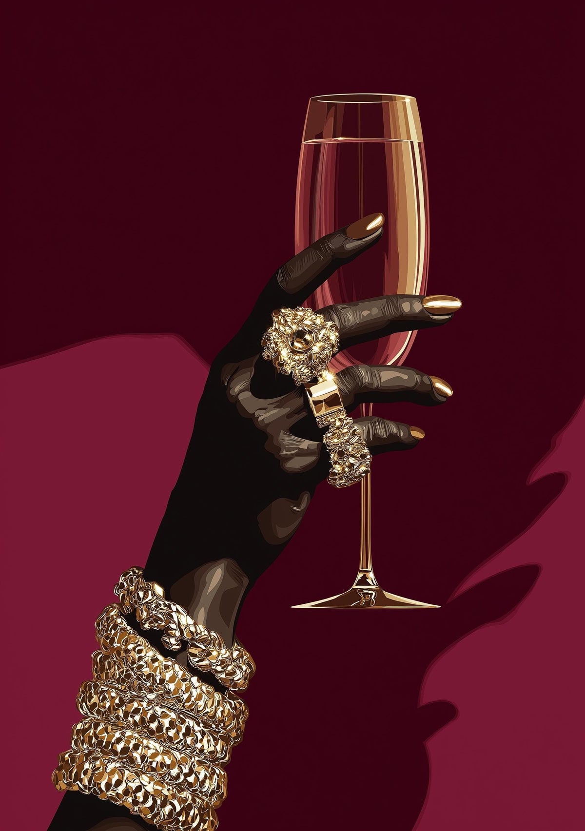 Black Power Wall Art – Luxury Afrocentric Still Life with Wine Glass & Gold Jewellery, Bold Black Excellence Décor by The...