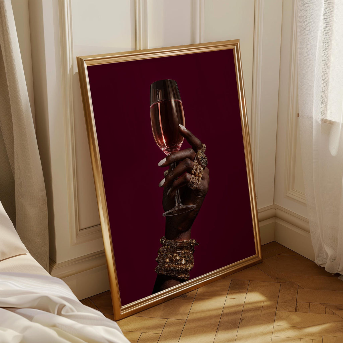 Black Power Wall Art – Luxury Afrocentric Still Life with Wine Glass & Gold Jewellery, Bold Black Excellence Décor by The...