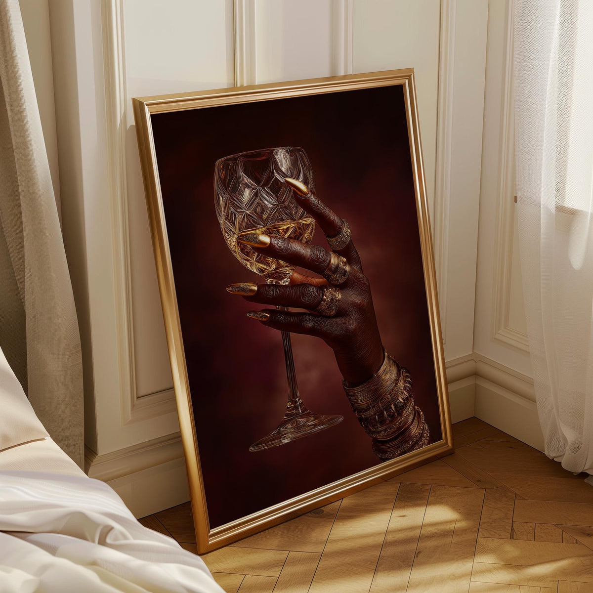 Black Power Wall Art – Luxury Afrocentric Still Life with Wine Glass & Gold Jewellery, Bold Black Excellence Décor by The...