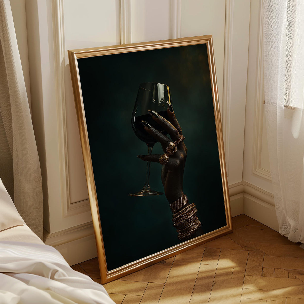 Black Power Wall Art – Luxury Afrocentric Still Life with Wine Glass & Gold Jewellery, Bold Black Excellence Décor by The...