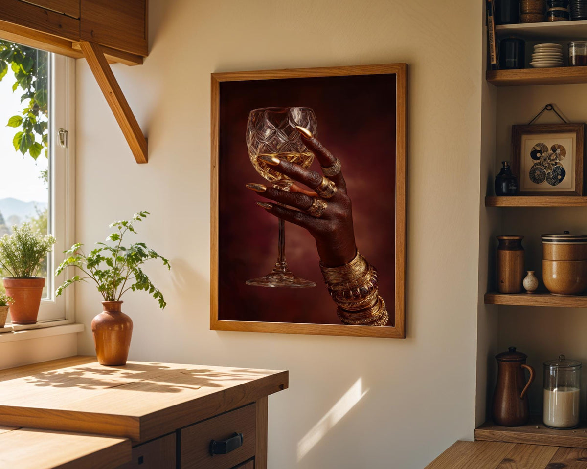 Black Power Wall Art – Luxury Afrocentric Still Life with Wine Glass & Gold Jewellery, Bold Black Excellence Décor by The...