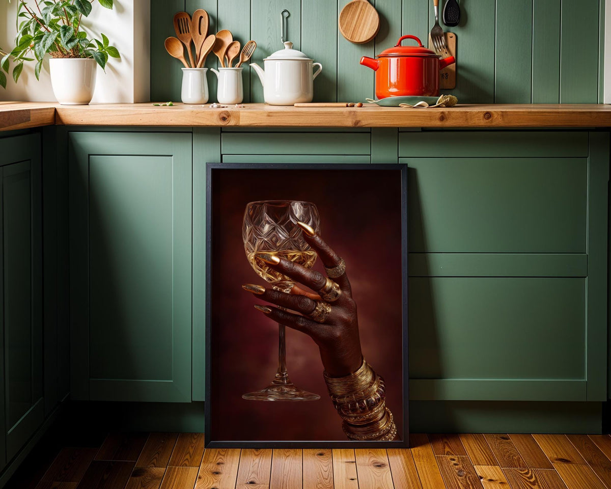 Black Power Wall Art – Luxury Afrocentric Still Life with Wine Glass & Gold Jewellery, Bold Black Excellence Décor by The...