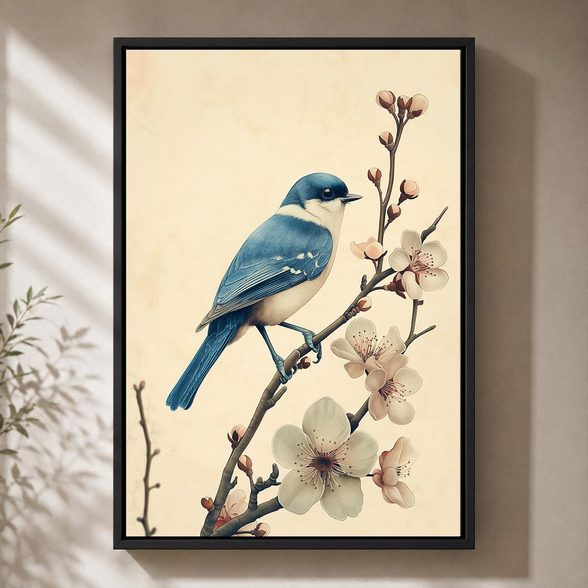 Blue Bird Blossom Framed Canvas Art, Chinoiserie Floral Print, Cottagecore Wall Decor by The Wall Art Studio - physical