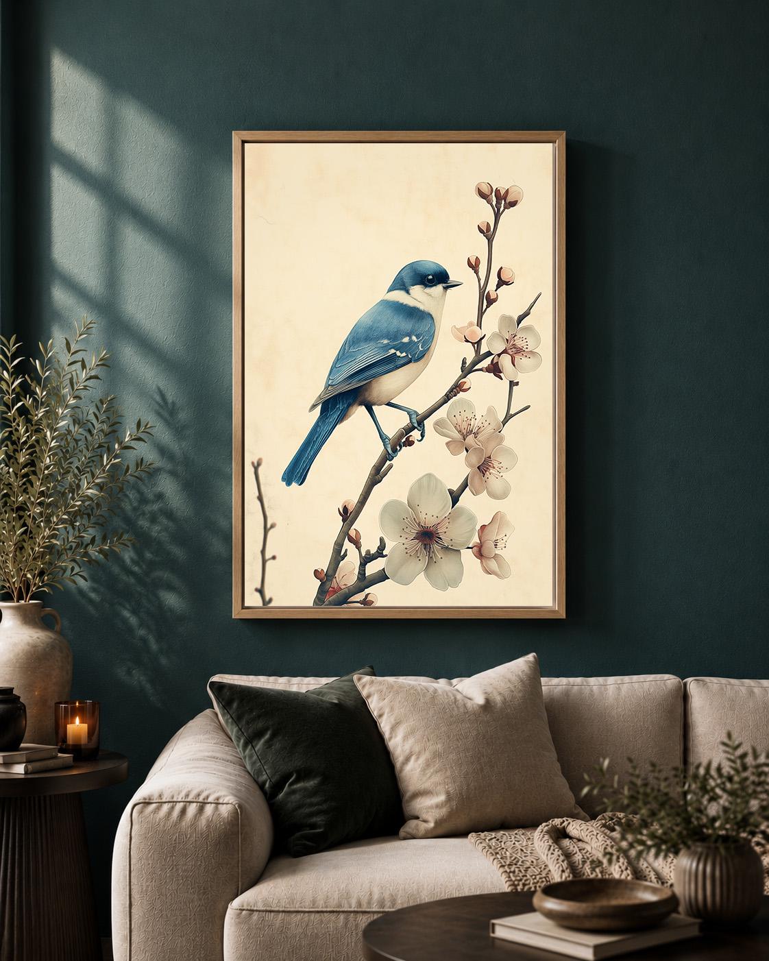 Blue Bird Blossom Framed Canvas Art, Chinoiserie Floral Print, Cottagecore Wall Decor by The Wall Art Studio - physical