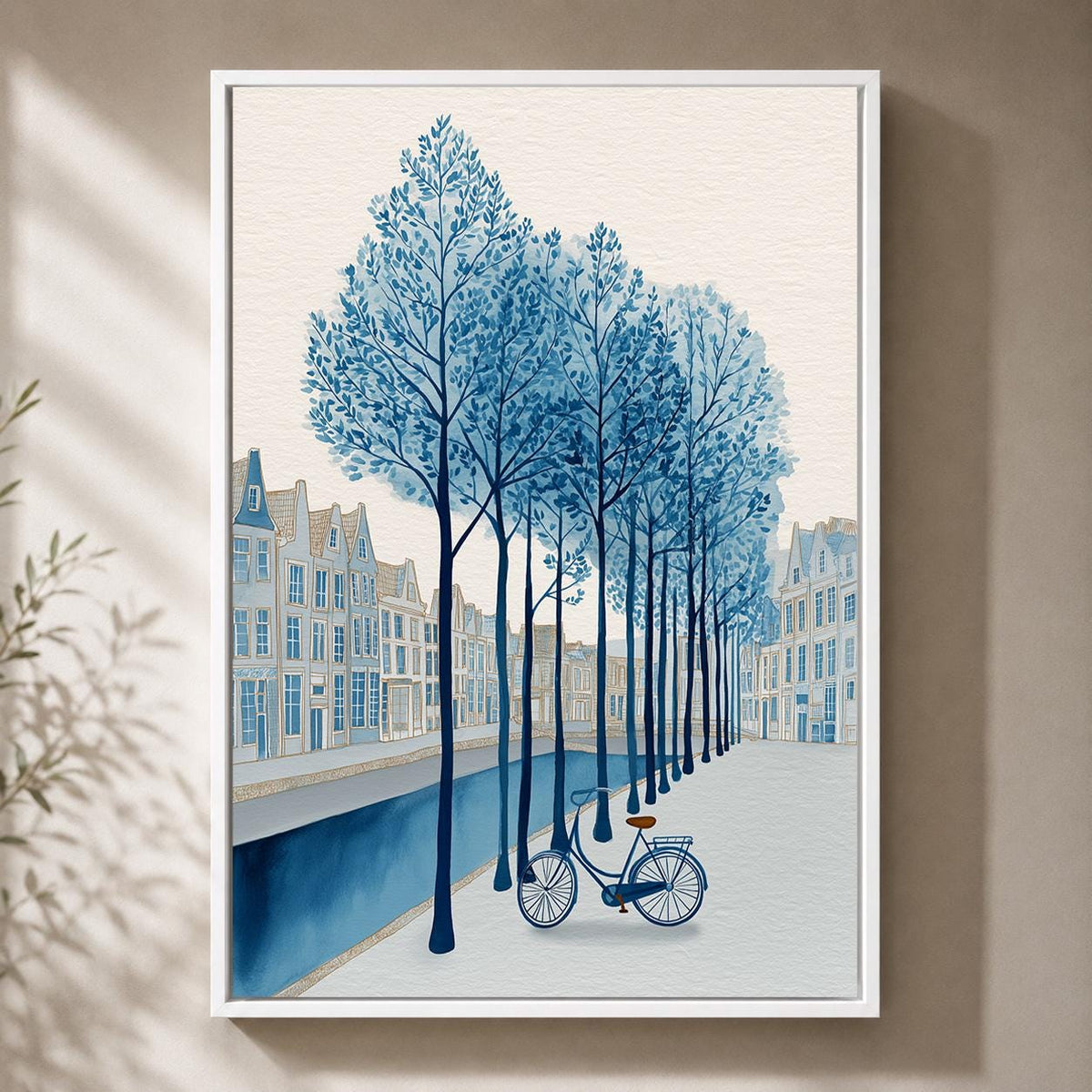 Blue Canal Bicycle Framed Canvas Print, Dutch Cityscape European Street Art, Coastal Framed Decor by The Wall Art Studio -...